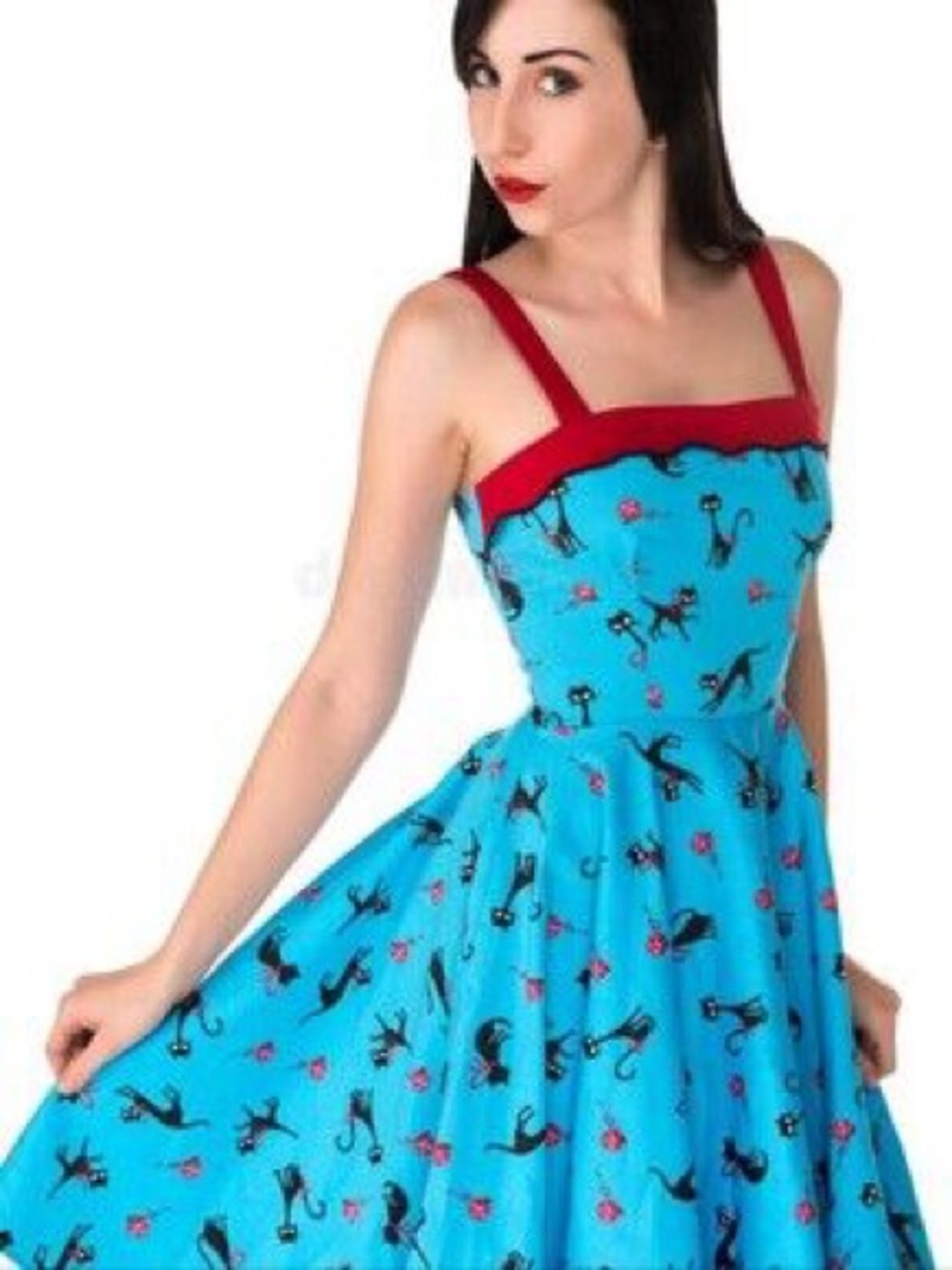 Pinups Couture “Heidi” Retro Blue Cat-Print Vintage Swing Dress with Red Trim 3X